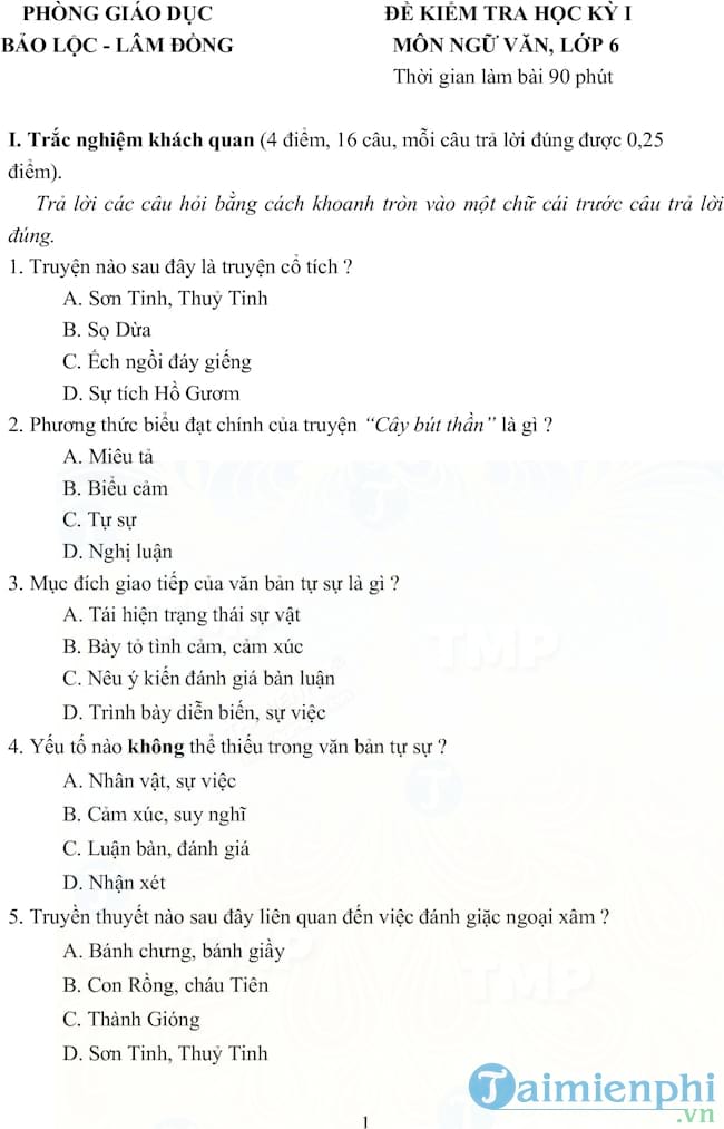 Đề kiểm tra học kì I môn Ngữ văn lớp 6