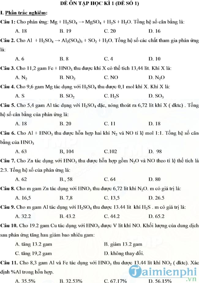 Đề thi học kì 1 môn Hóa học lớp 10