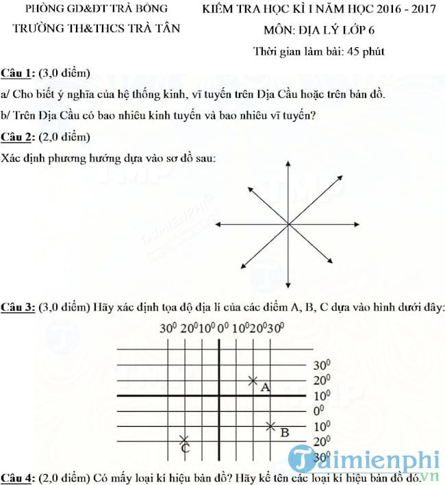 Đề thi học kì 1 môn Địa lý lớp 6