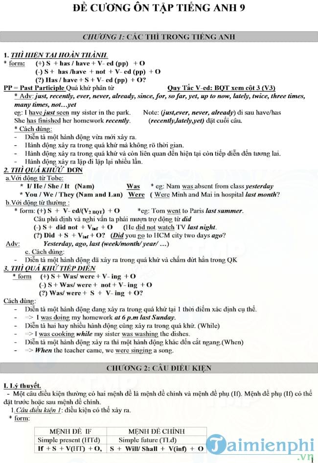 Đề cương ôn thi học kì 1 môn Tiếng Anh lớp 9