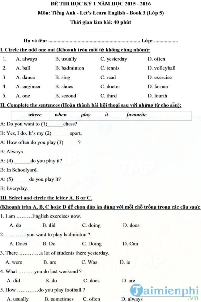 Đề thi học kỳ 1 môn tiếng Anh lớp 5