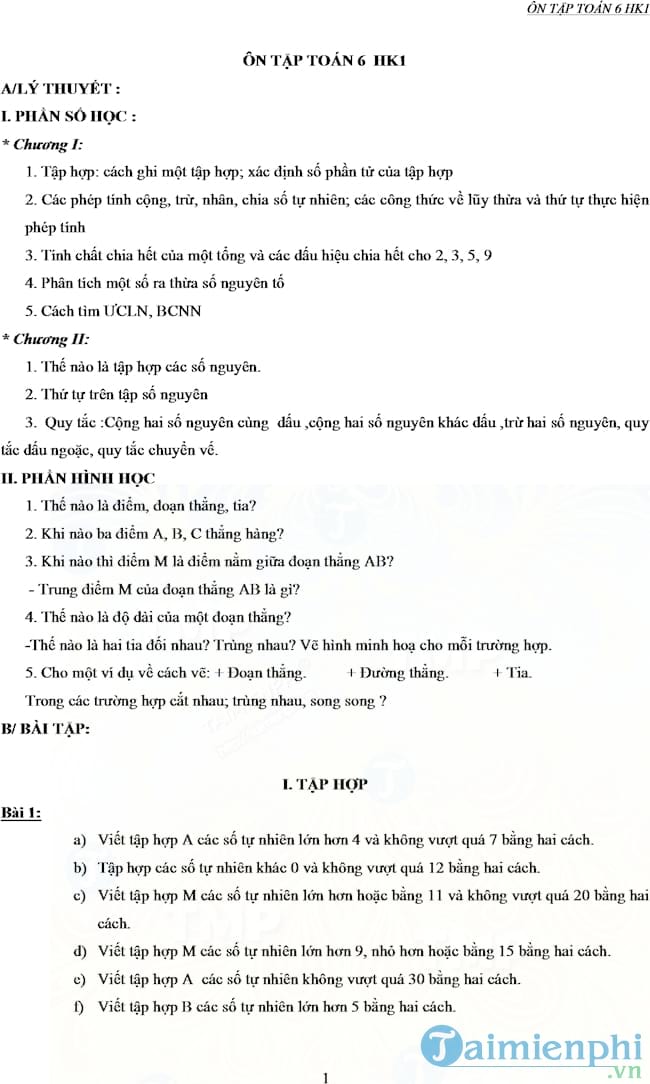 Đề cương ôn tập học kì 1 môn Toán lớp 6