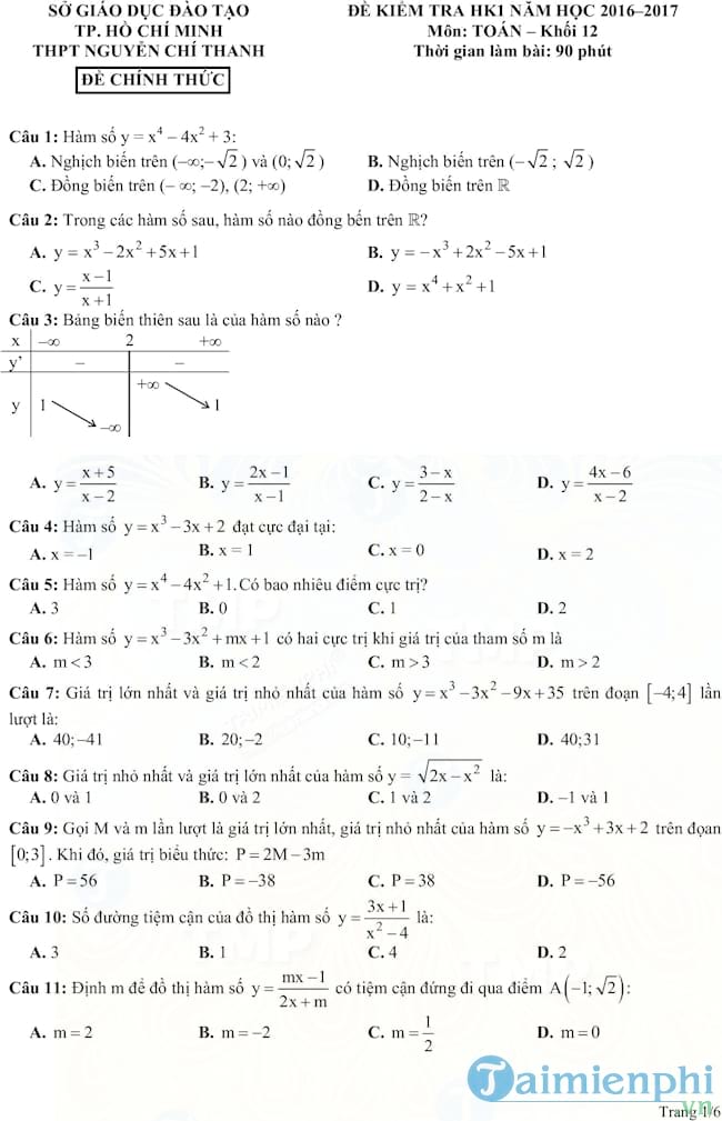 Đề thi học kì 1 môn Toán lớp 12