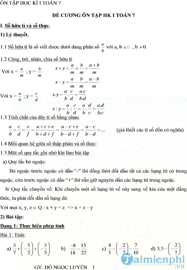 Đề cương ôn tập học kì 1 môn Toán lớp 7