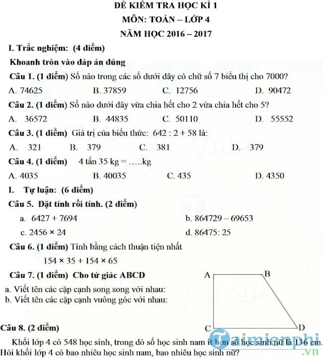 Đề thi học kì 1 môn Toán lớp 4
