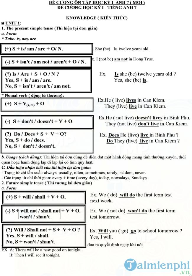 Đề cương ôn tập học kì 1 lớp 7 môn tiếng Anh năm học 2017-2018