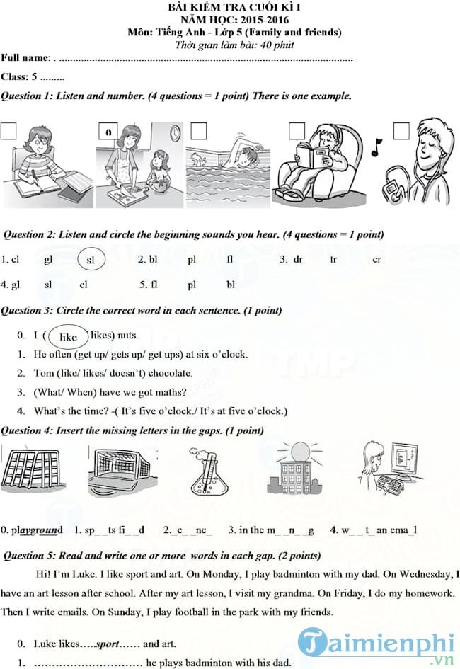 Đề kiểm tra học kỳ 1 môn tiếng Anh lớp 5