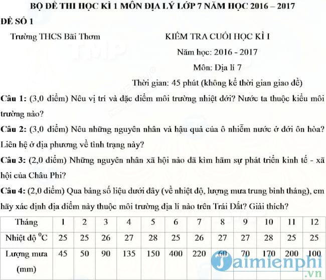 Bộ đề thi học kì 1 môn Địa lý lớp 7