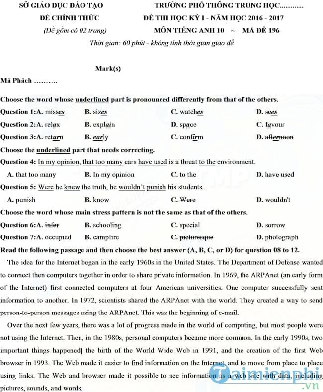 Đề thi học kỳ 1 môn Tiếng Anh lớp 10