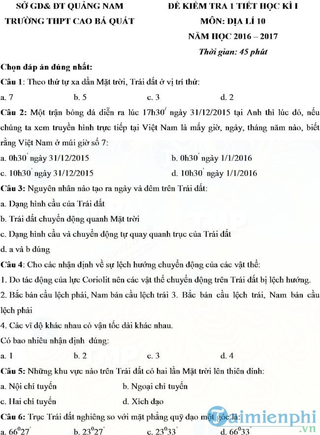 Đề kiểm tra 1 tiết học kì 1 môn Địa lý lớp 10 trường THPT Cao Bá Quát
