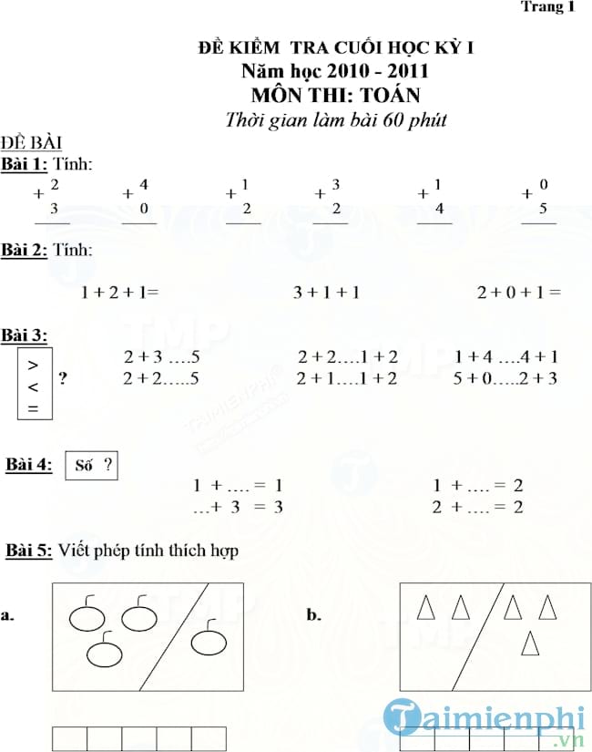Đề kiểm tra học kỳ 1 môn Toán lớp 1