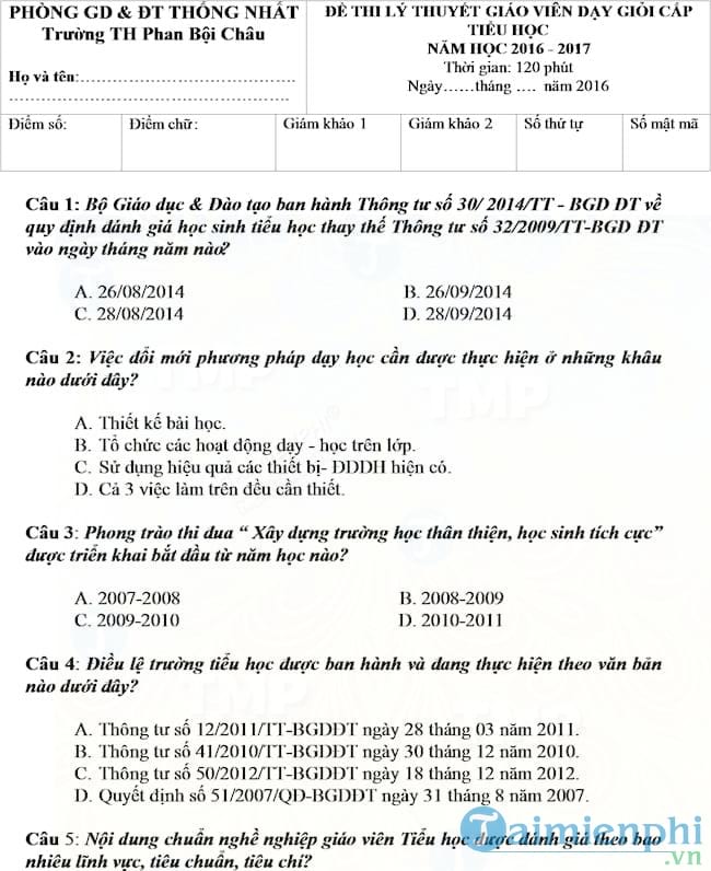 Đề thi giáo viên dạy giỏi trường tiểu học Phan Bội Châu
