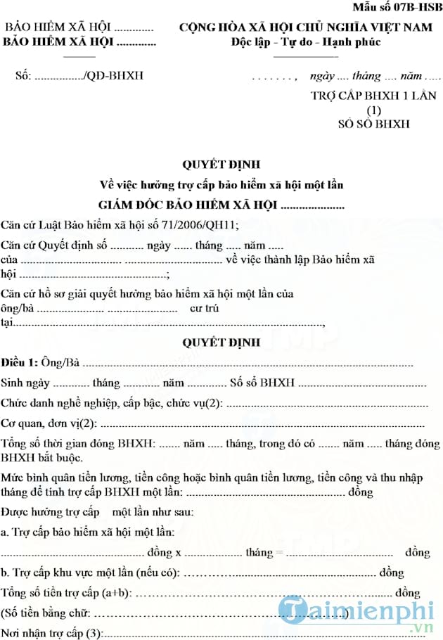 Đơn đề nghị hưởng trợ cấp bảo hiểm xã hội một lần