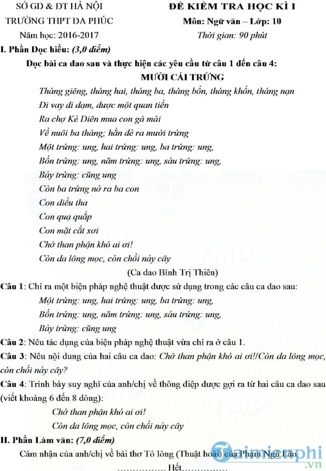 bo de thi hoc ki 1 mon ngu van lop 10