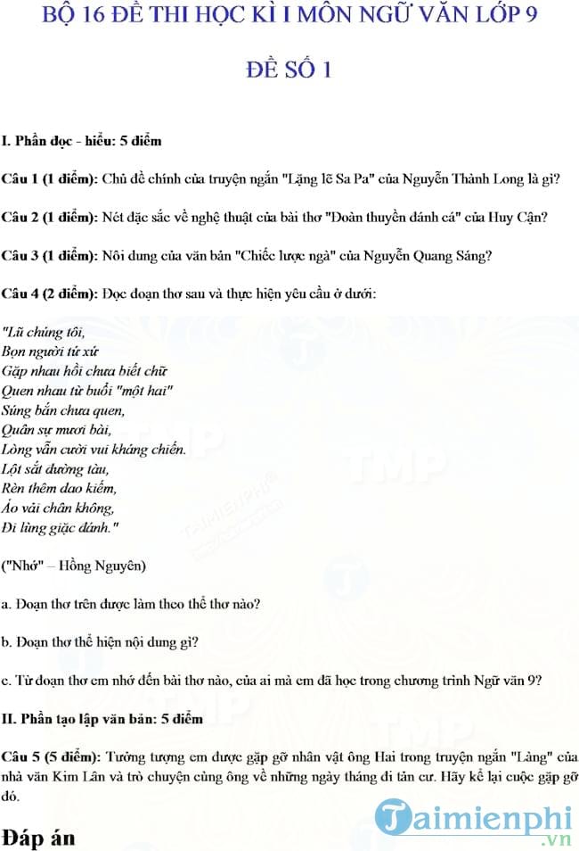 Đề thi học kì I môn Ngữ văn lớp 9