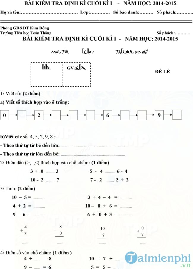 Đề thi học kì 1 lớp 1 môn Toán, Tiếng Việt trường tiểu học Toàn Thắng