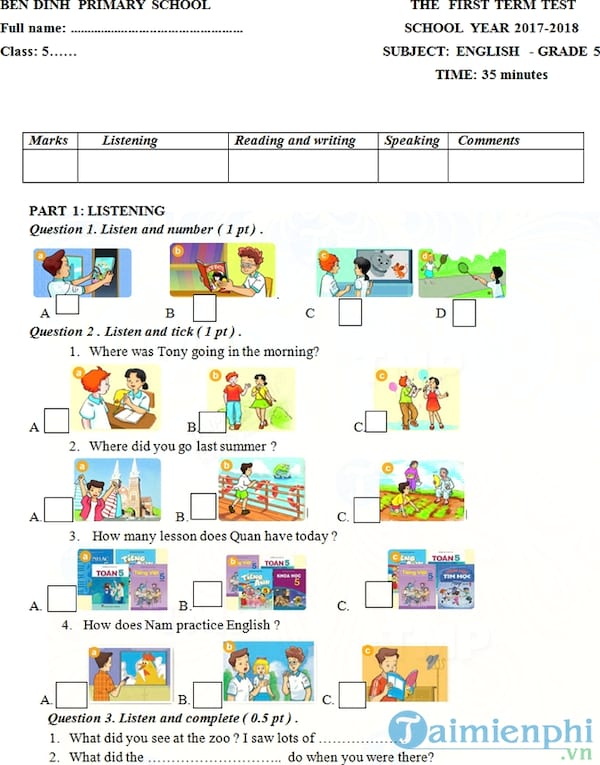 Đề kiểm tra học kì 1 môn Tiếng Anh lớp 5 năm 2017 - 2018