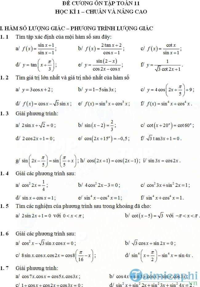 Đề cương ôn tập học kì 1 môn Toán lớp 11
