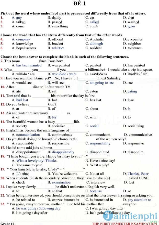 25 đề thi học kì 1 môn Tiếng Anh lớp 12