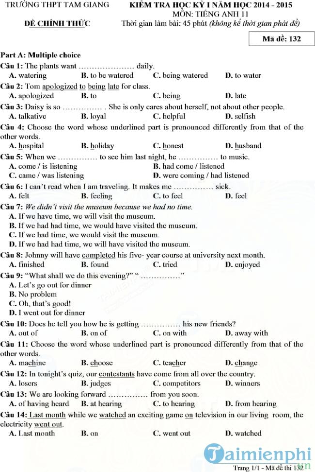 Bộ đề thi học kì 1 môn Tiếng Anh lớp 11