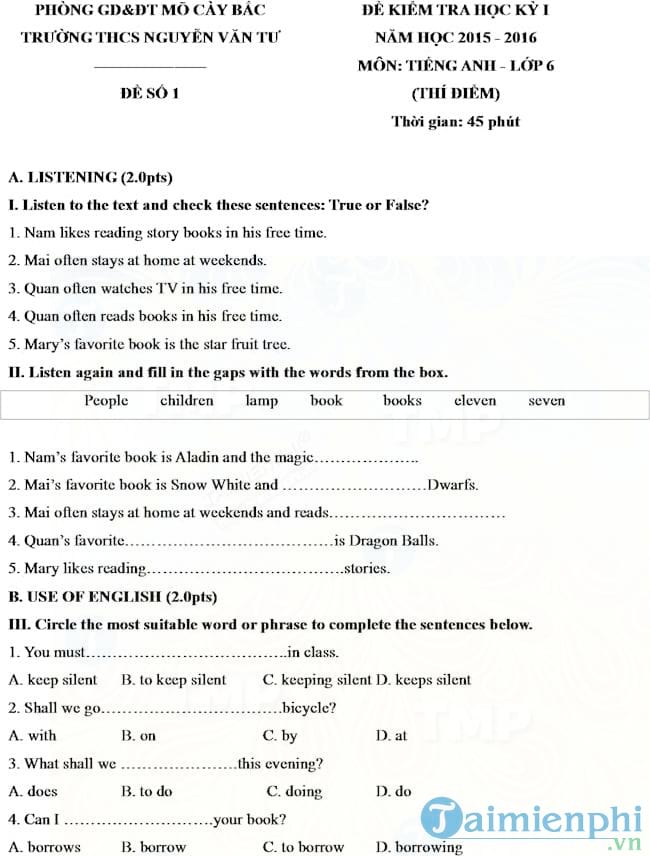 de thi hoc ky 1 mon tieng anh lop 6 thi diem truong thcs nguyen van tu
