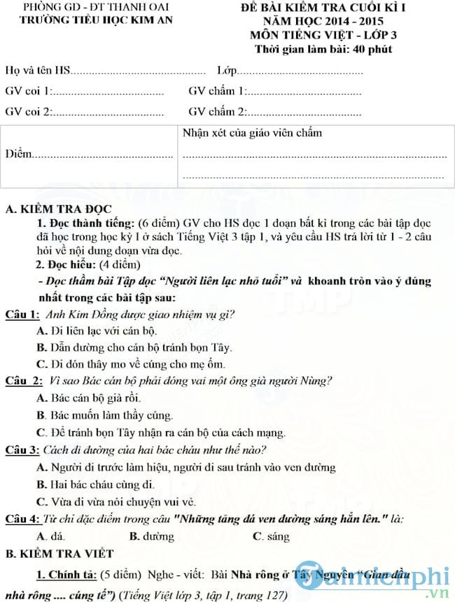 Đề thi học kì 1 môn Tiếng Việt lớp 3 trường tiểu học Kim An