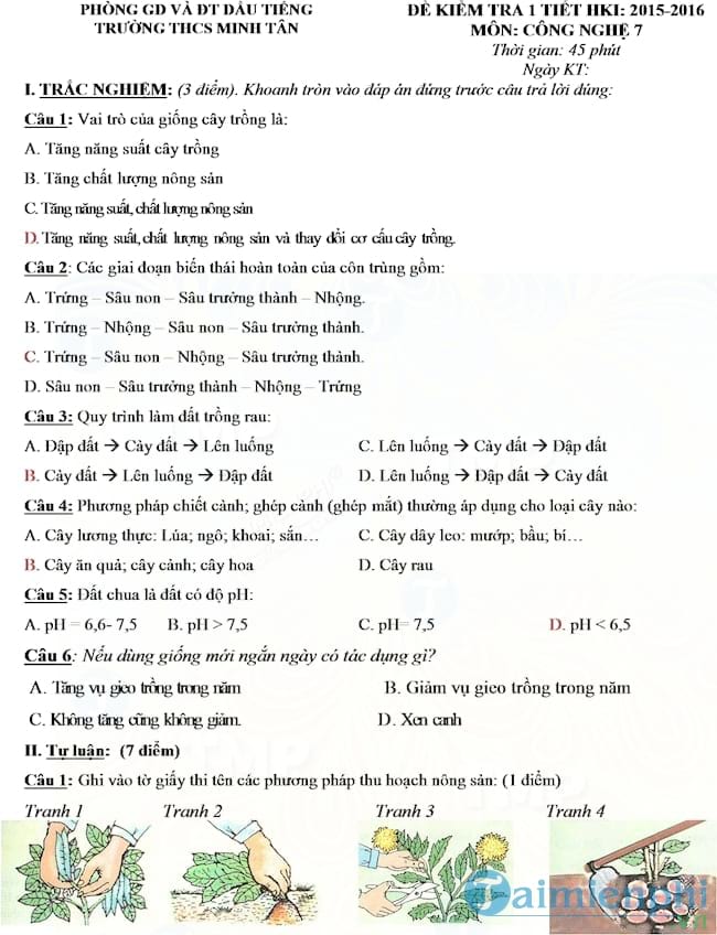 Đề kiểm tra học kì 1 môn Công nghệ lớp 7 trường THCS Minh Tân