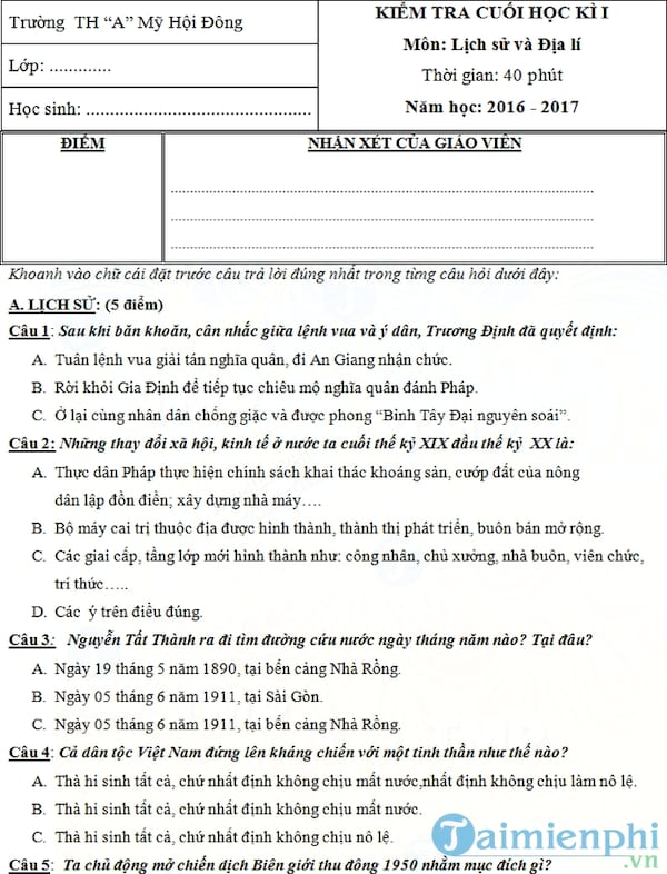 Bộ đề thi học kì 1 lớp 5 năm 2016 2017 theo Thông tư 22