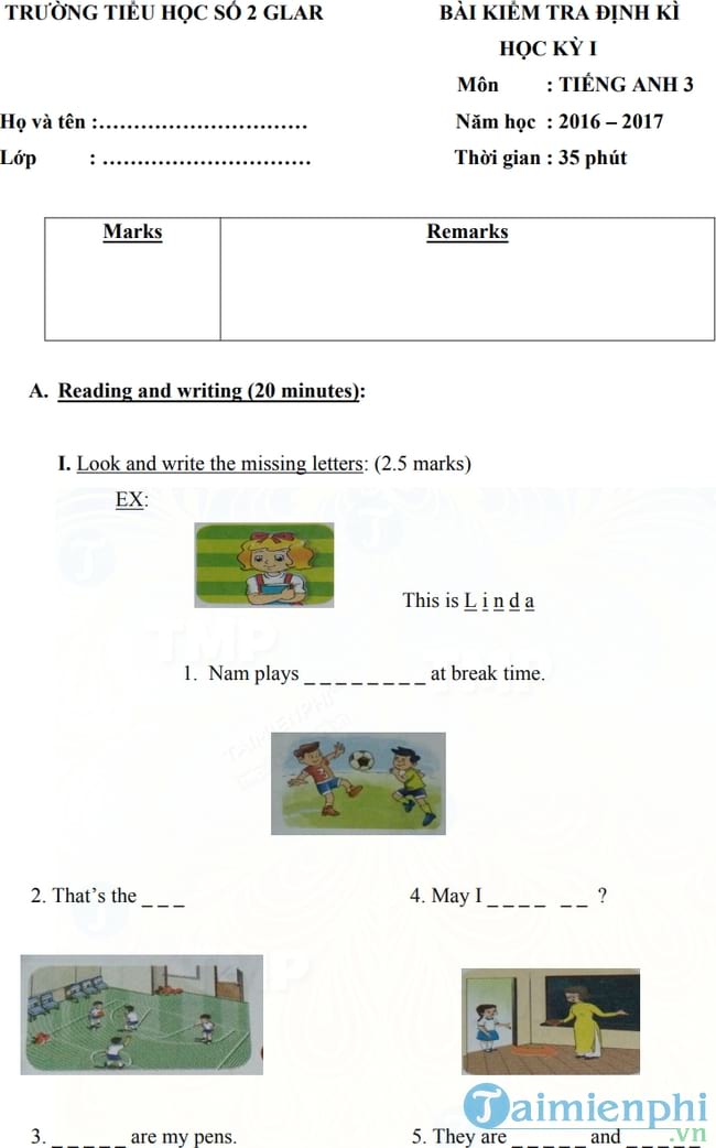 Bộ đề thi học kỳ 1 môn Tiếng Anh lớp 3 năm học 2016 2017