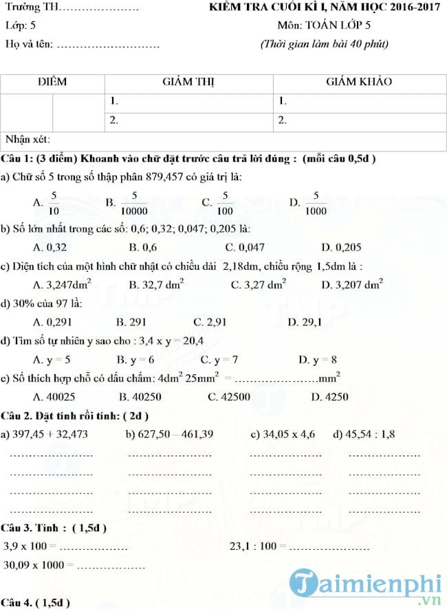 Đề thi học kì 1 môn Toán lớp 5 có đáp án