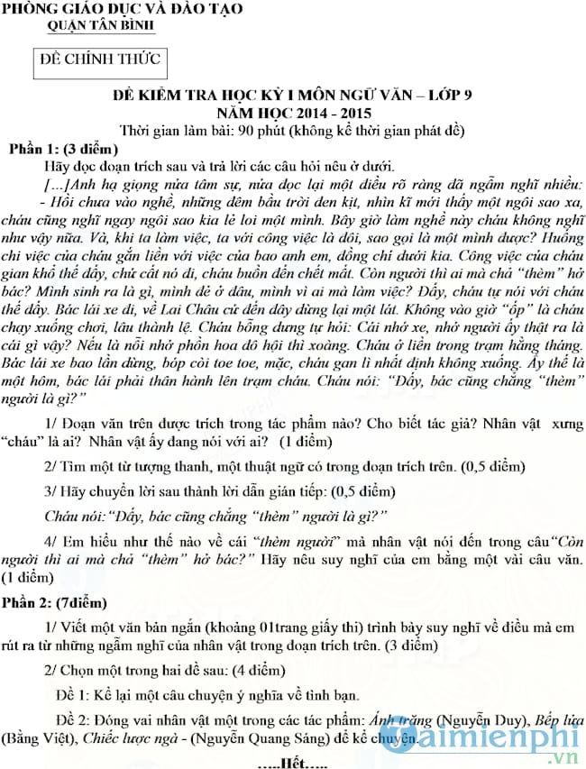 de kiem tra hoc ki 1 mon ngu van lop 9 quan tan binh