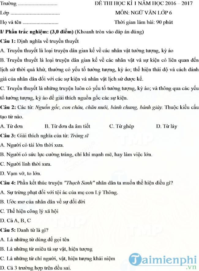 Đề thi học kì 1 môn Ngữ văn lớp 6 năm học 2016 - 2017