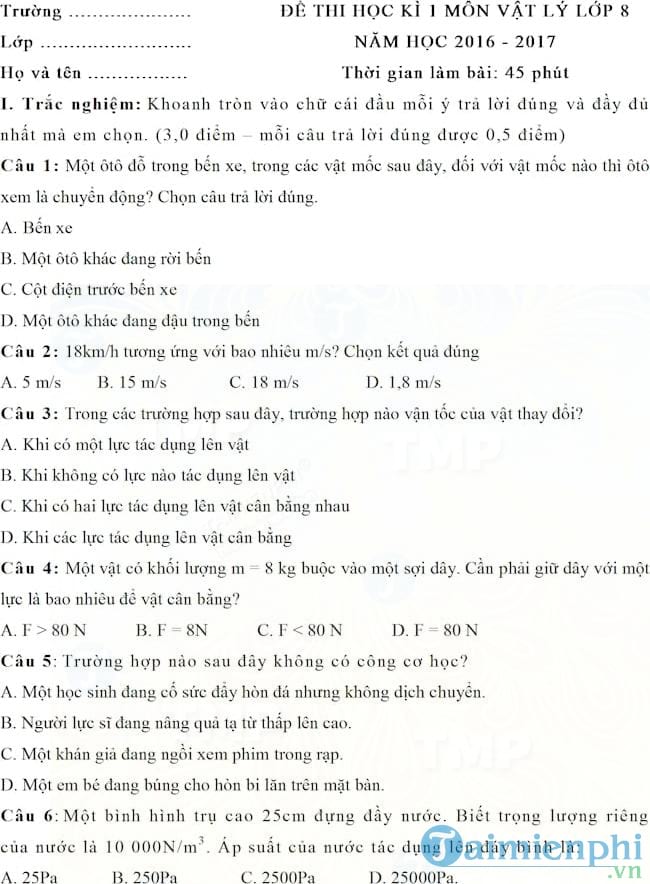 Đề thi học kì 1 môn Vật lý lớp 8 năm học 2016 2017
