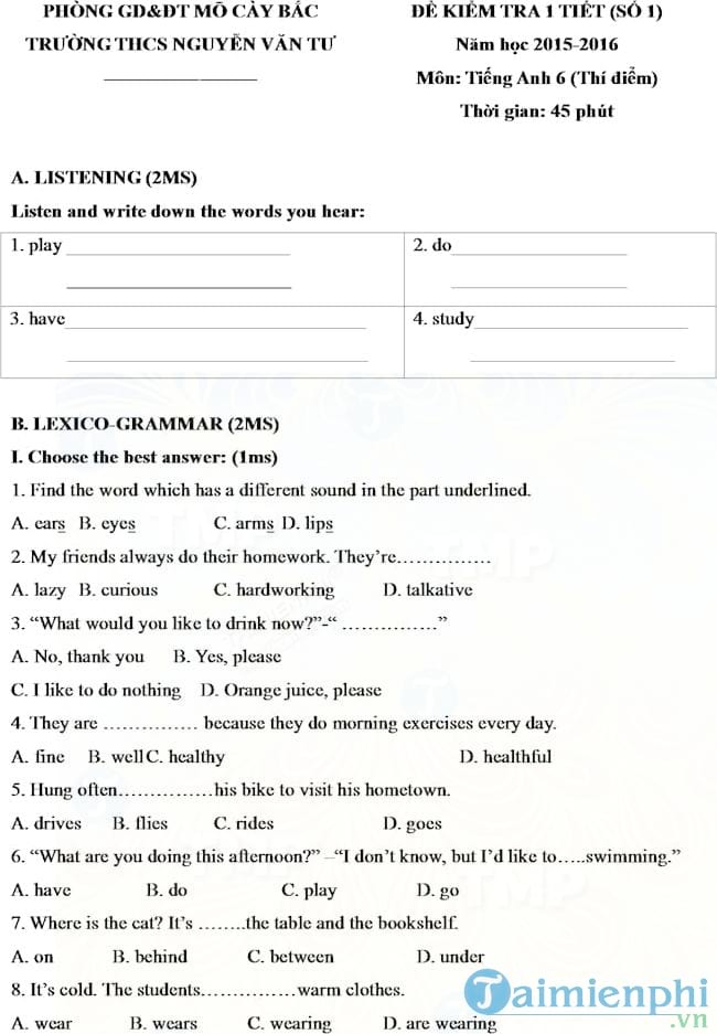 de kiem tra 1 tiet mon tieng anh lop 6 thi diem truong thcs nguyen van tu