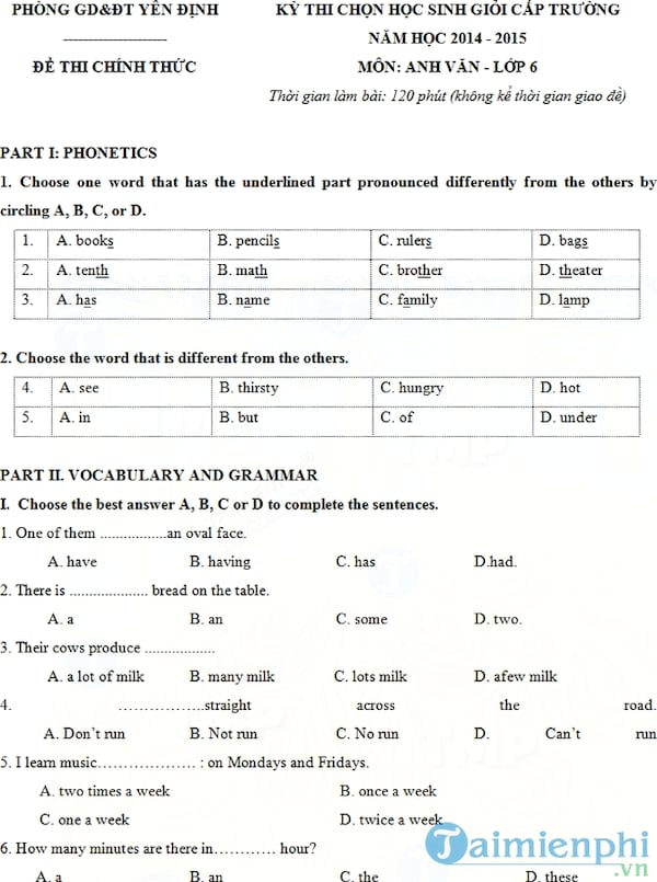 Bộ đề thi học sinh giỏi môn Tiếng Anh lớp 6
