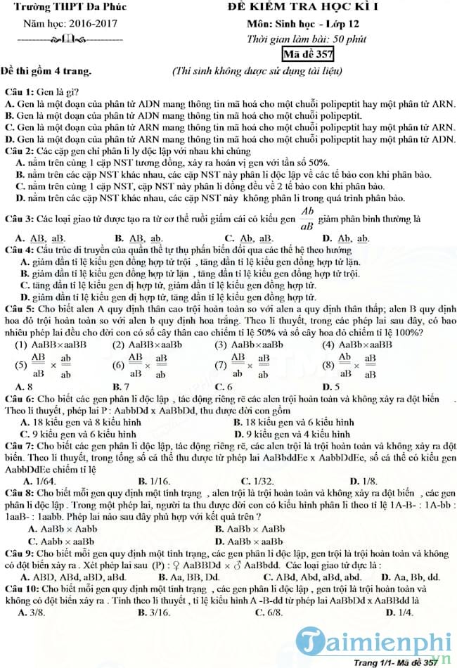 Đề thi học kì 1 môn Sinh học lớp 12 trường THPT Đa Phúc