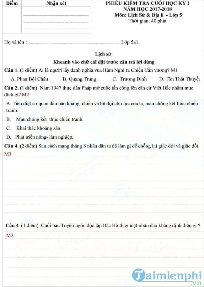 Đề thi học kì 1 môn Lịch sử, Địa lý lớp 5