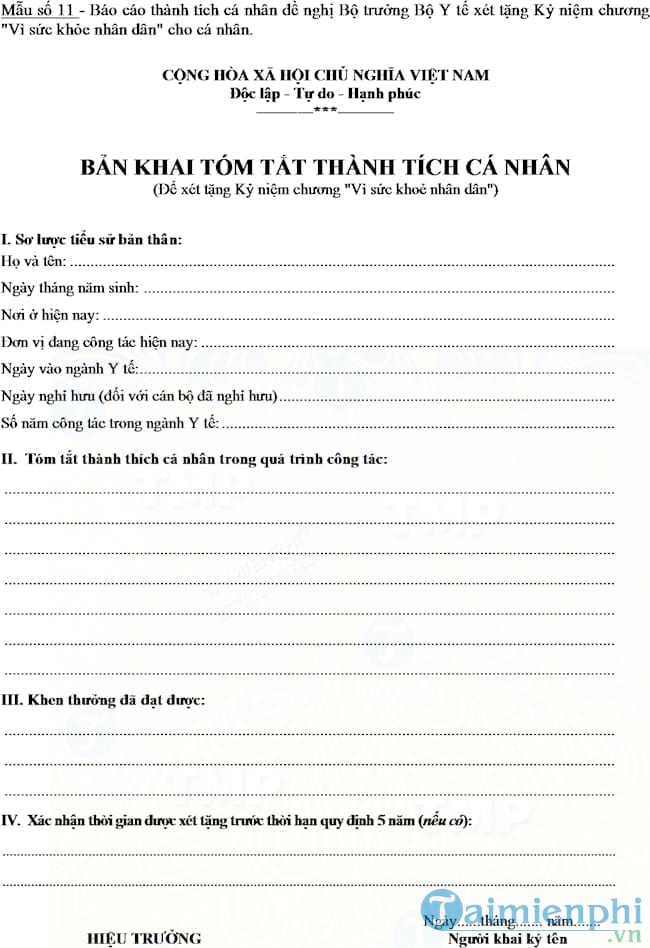 Bản khai tóm tắt thành tích cá nhân đề nghị tặng thưởng