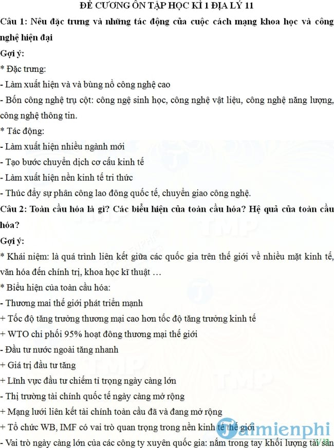 Đề cương ôn tập học kì 1 môn Địa lý lớp 11
