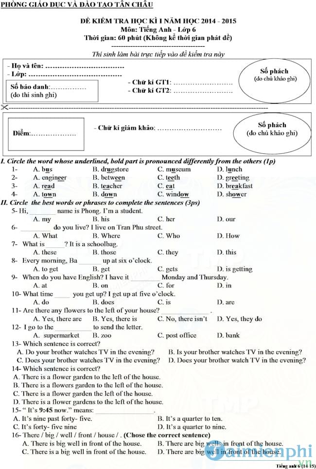 Đề kiểm tra học kì I lớp 6 môn Tiếng Anh huyện Tân Châu