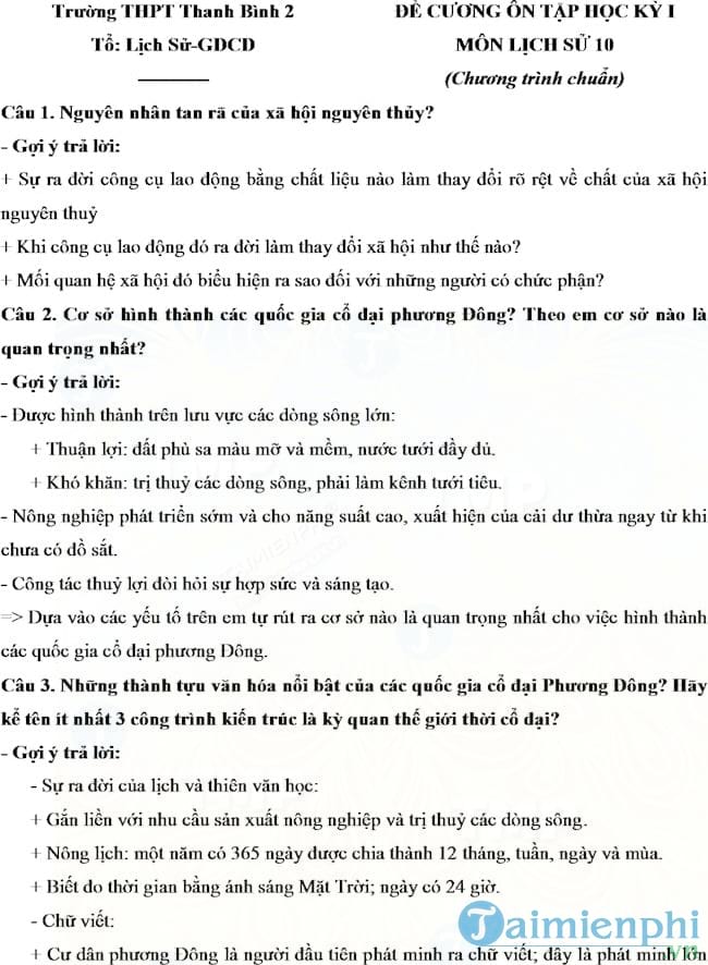 Đề cương ôn tập học kì 1 môn Lịch sử lớp 10