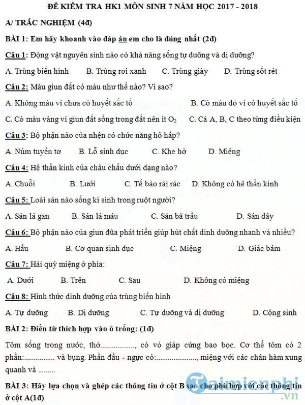 Đề kiểm tra học kì 1 lớp 7 môn Sinh học năm học 2017 2018
