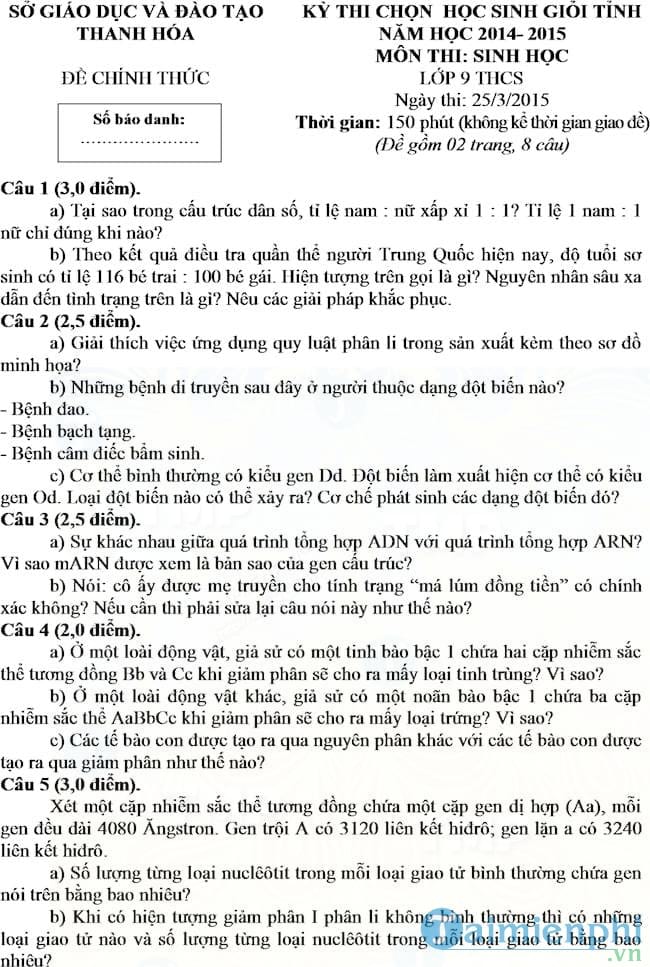Đề thi học sinh giỏi môn Sinh học lớp 9 tỉnh Thanh Hóa