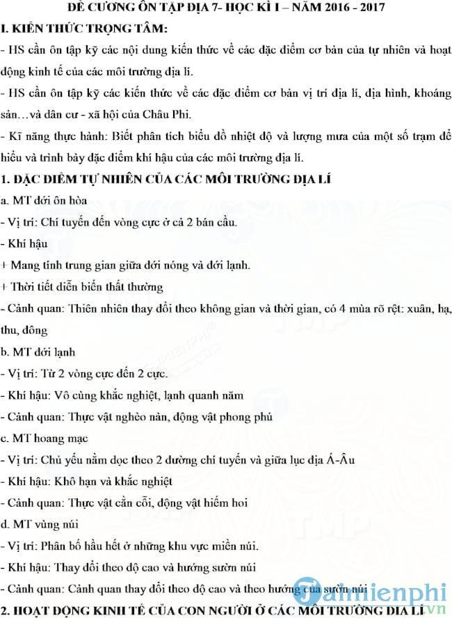 Đề cương ôn tập học kỳ 1 môn Địa lý lớp 7