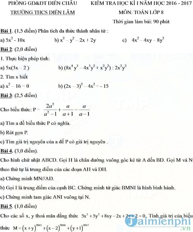 Bộ đề thi học kì 1 môn Toán lớp 8