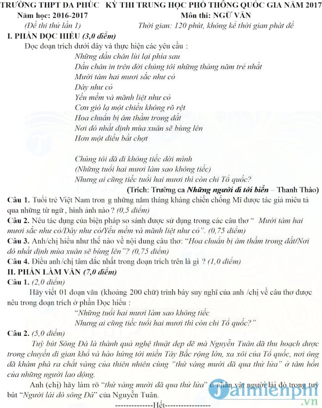 Đề thi thử THPT Quốc gia năm 2017 môn Ngữ văn trường THPT Đa Phúc