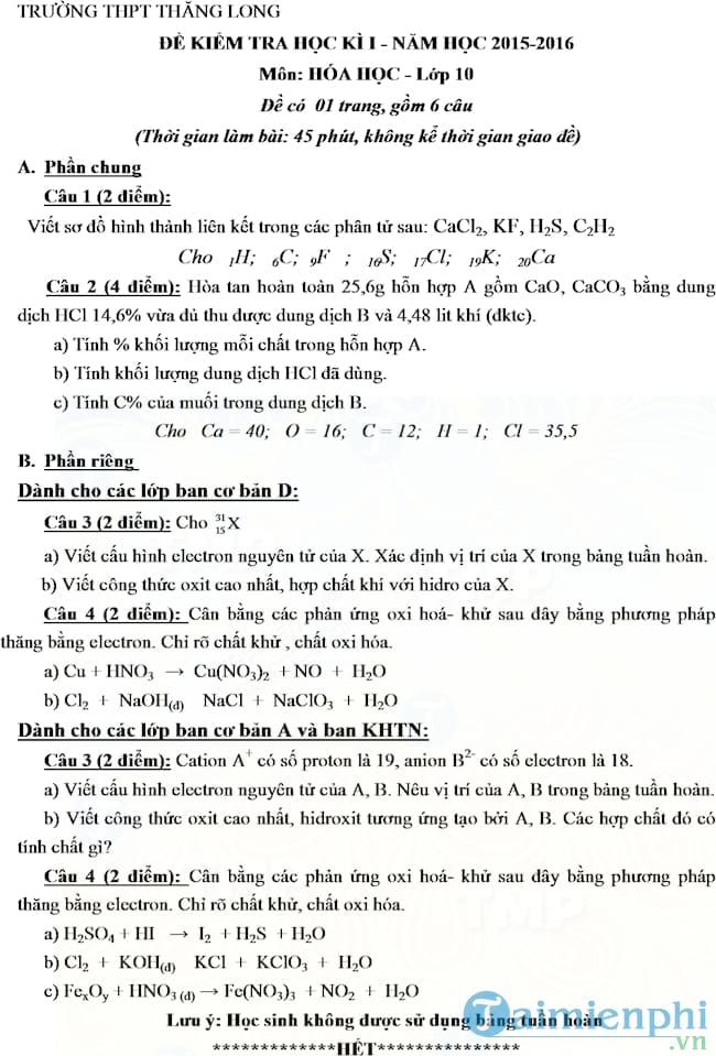 Đề kiểm tra học kì 1 môn Hóa học lớp 10