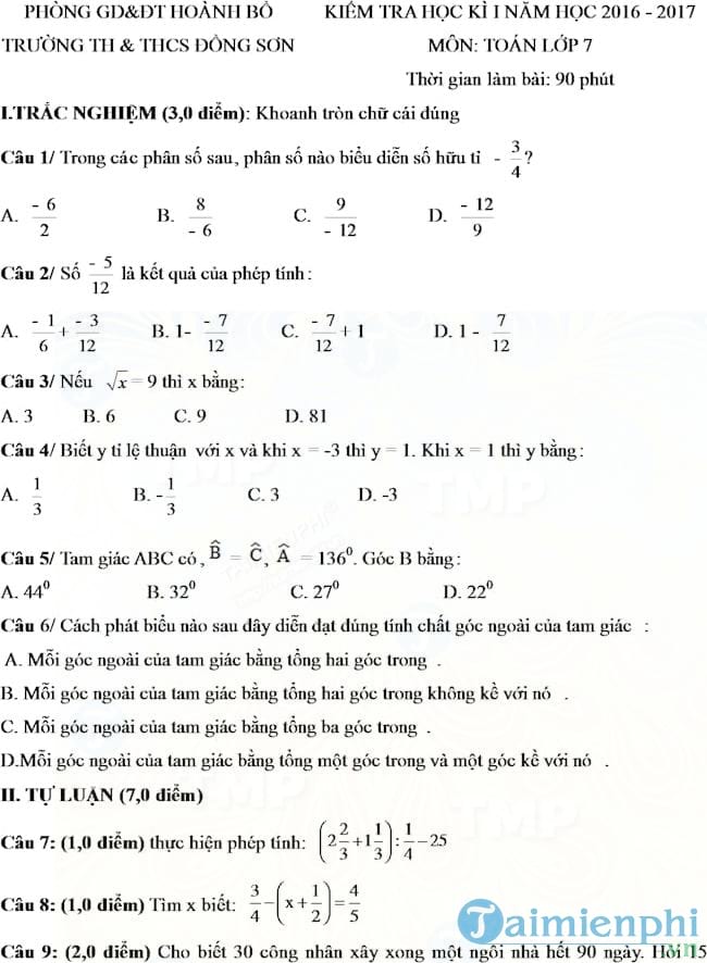 Đề thi học kì 1 môn Toán lớp 7 trường THCS Đồng Sơn