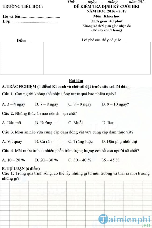 Đề thi học kì 1 lớp 4 môn Khoa học