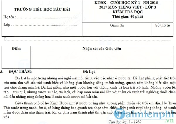 Đề thi học kì 1 môn Tiếng Việt lớp 3 năm 2016, 2017